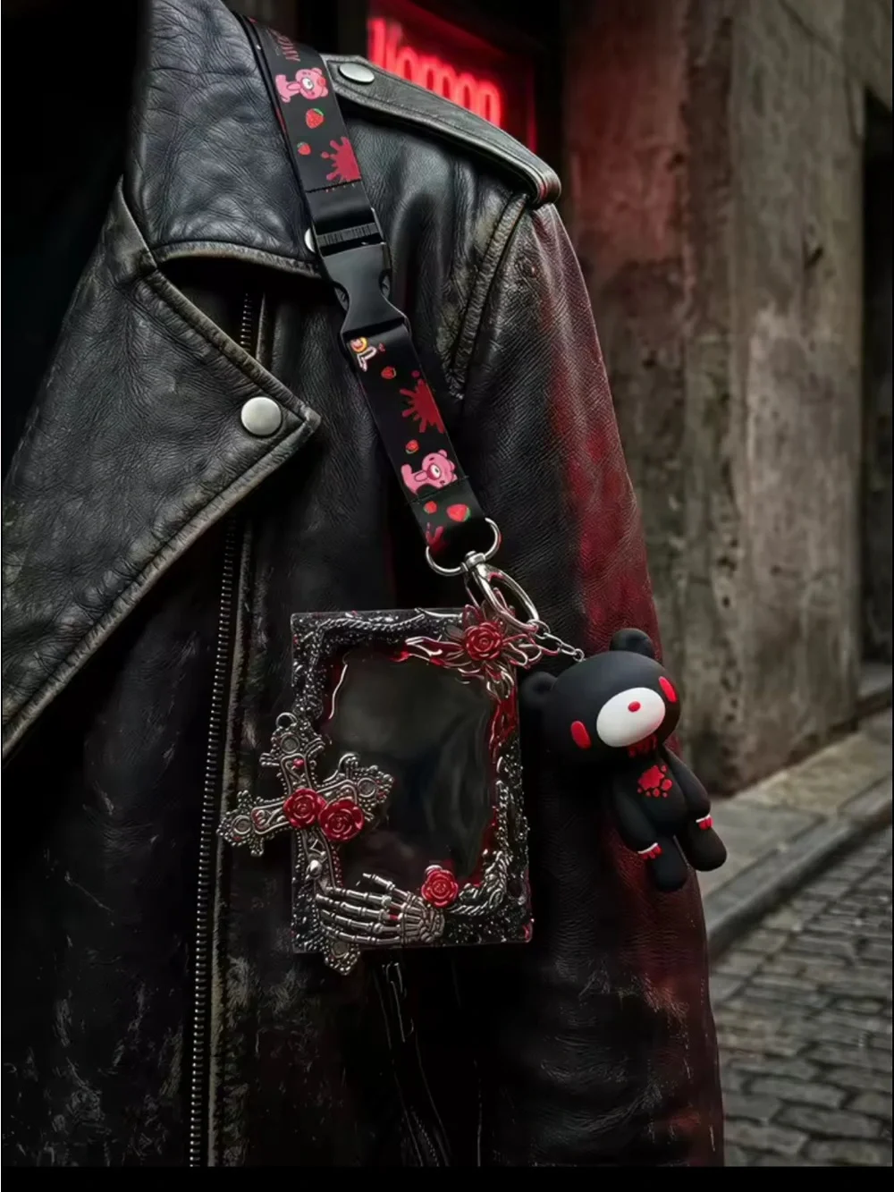 Black & Red Bear Lanyard with Decorative Charm